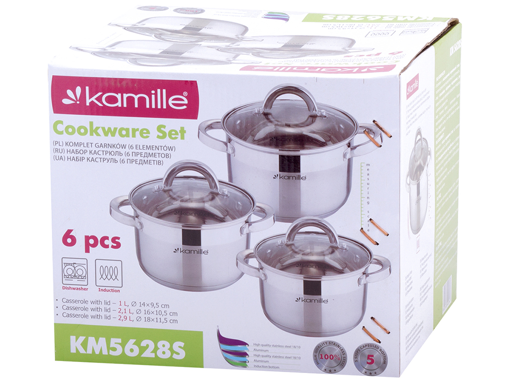 Набор кастрюль Kamille из нержавеющей стали 6 предметов (1л, 1,8л, 2,5л)