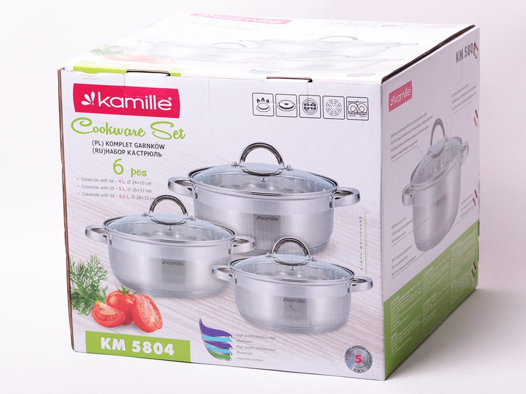 Набор кастрюль Kamille из нержавеющей стали 6 предметов (4л, 5л, 6,5л)