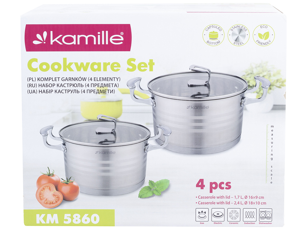Набор кастрюль Kamille из нержавеющей стали 4 предмета (16х9см 1,7л, 18х10см 2,4л)