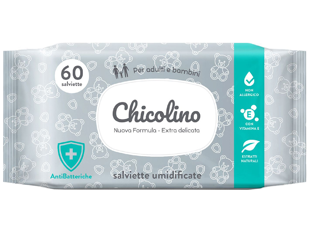 Серветки вологі для дорослих та дітей Chicolino, гіпоалергенні, антибактеріальні, без спирту, 60шт