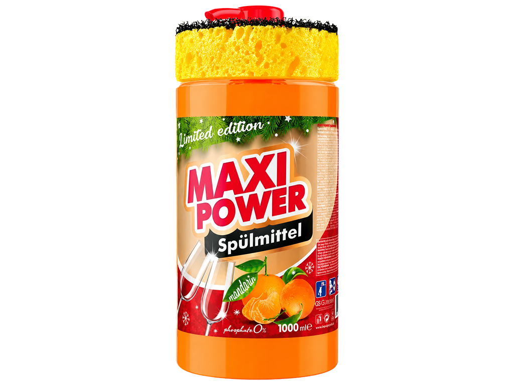 Средство для мытья посуды Maxi Power Mandarin, с губкой, 1000мл