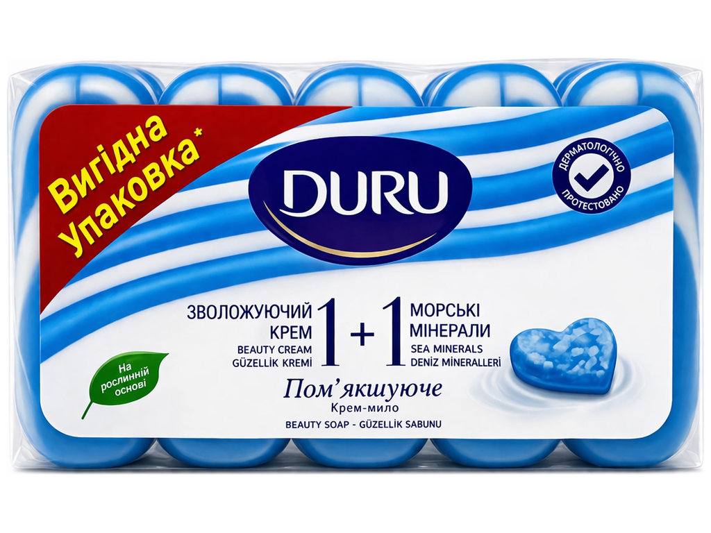 Крем‑мыло Duru 1+1 Soap Морские минералы, твердое, увлажняющее, с морскими минералами, 5x80г