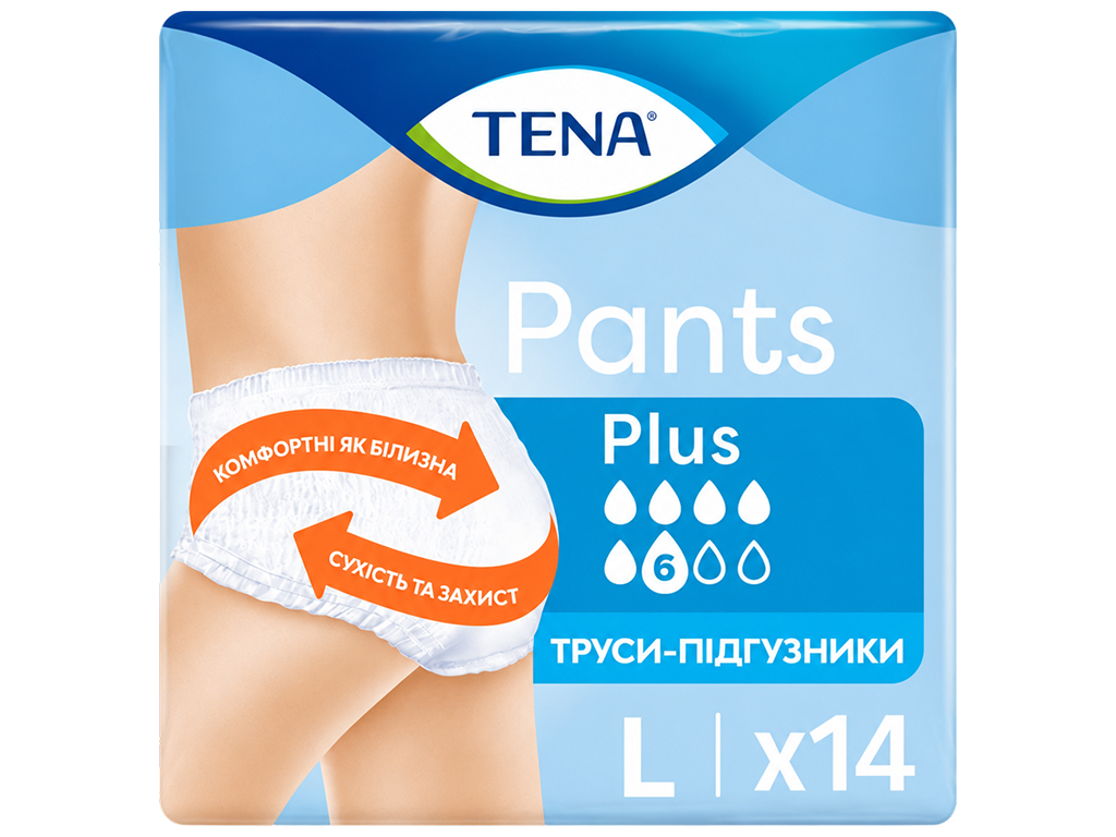 Підгузки-трусики Tena Pants Plus L, поглинання 6 крапель (14 шт)