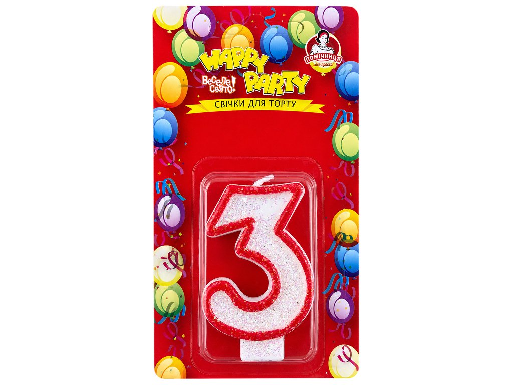 Свечка для торта Помічниця Happy Party Розовая глазурь цифра 3, 7,5 см