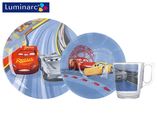Набір посуду дитячого скляного Luminarc "Disney Cars 3" 3 предмета (тарілка, салатник, чашка) 53755