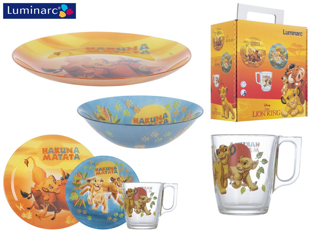 Набор посуды детской стеклянной Luminarc "Disney Lion King" 3 пред. (тарелка, салатник, чашка) 03297