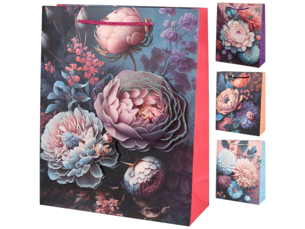 Пакет подарочный Flowers 3D, бумага, 18х24х8,5см, 4 дизайна (цена за 1шт)
