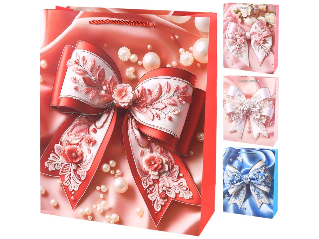 Пакет подарунковий Bow, папір, 26×32×10см, 4 дизайни (ціна за 1шт)
