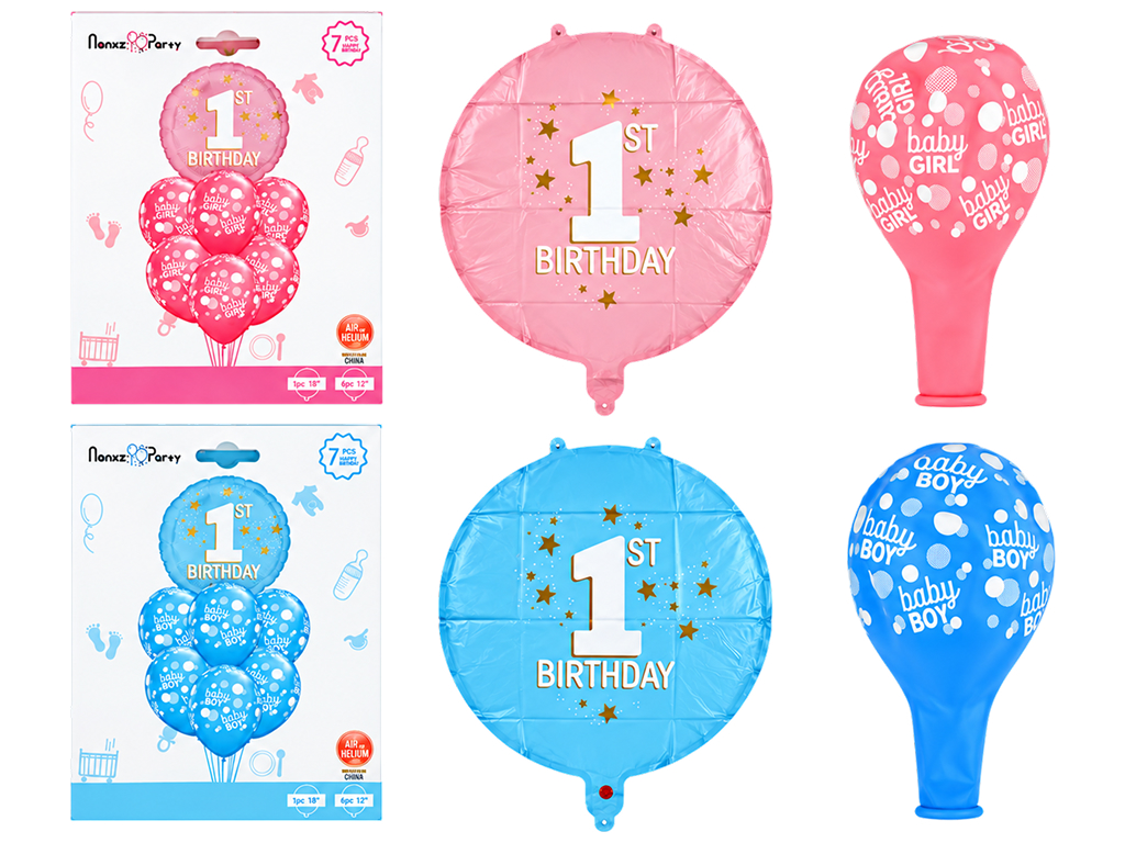 Набір повітряних кульок First Birthday, латекс, фольгована плівка, 7 шт, 2 кольори (ціна за набір)