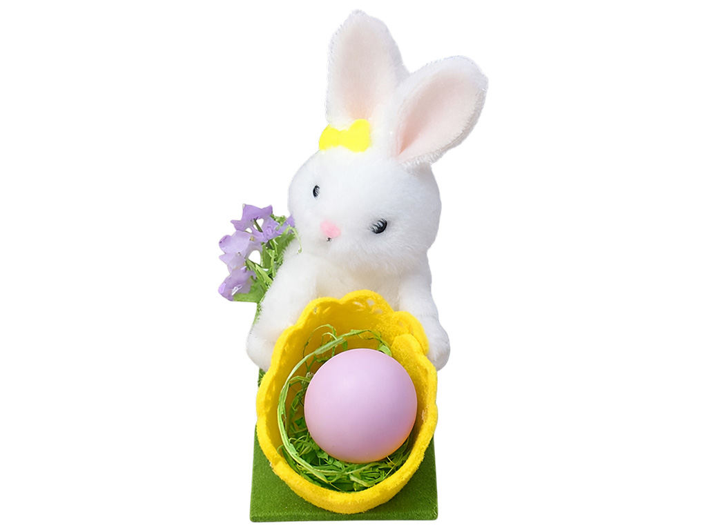 Пасхальный декор Easter Bunny белый кролик в гнезде с яйцом, 10см