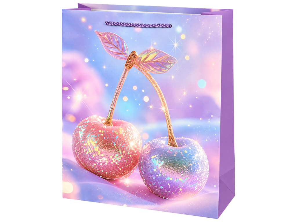 Пакет подарунковий паперовий Cherry M, з ручками, 26×32×10 см, 4 дизайни (ціна за 1шт)
