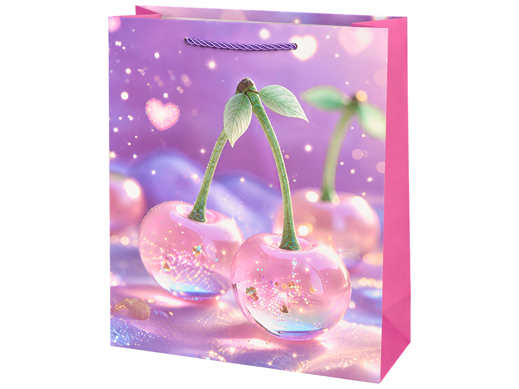 Пакет подарунковий паперовий Cherry M, з ручками, 26×32×10 см, 4 дизайни (ціна за 1шт)