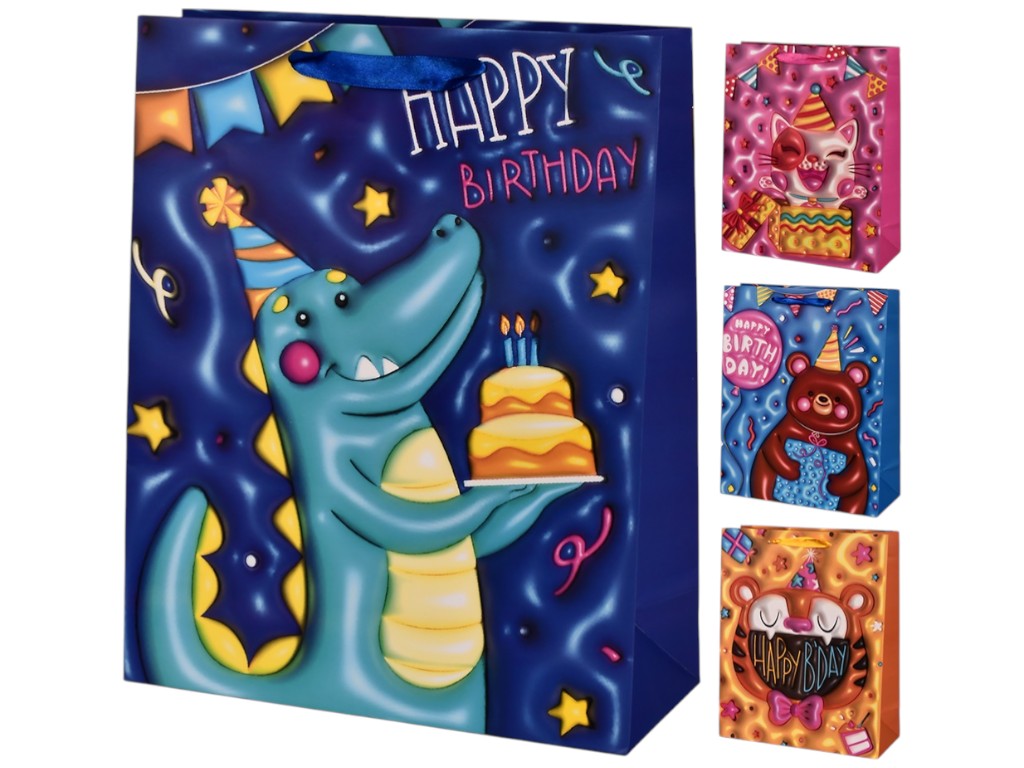 Пакет подарочный Happy Birthday 3D, бумага, 26×32×10,5см, 4 дизайна (цена за 1шт)