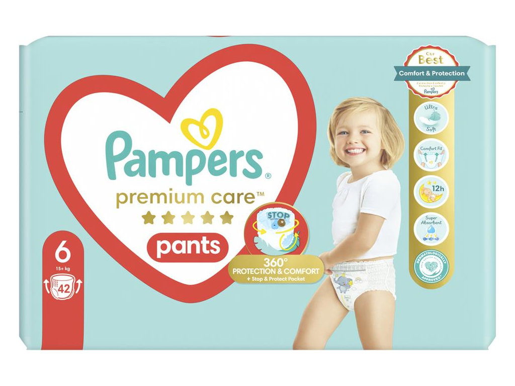 Підгузки-трусики Pampers Premium Care Pants, одноразові, розмір 6, 13-19кг, 42шт/уп