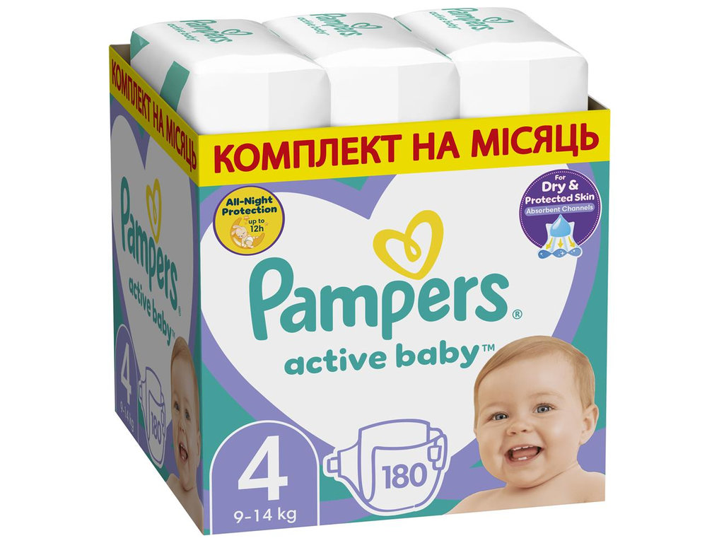 Підгузки Pampers Active Baby, одноразові, шар Extra Sleep, розмір 4 (Maxi), 9-14кг, 180шт/уп