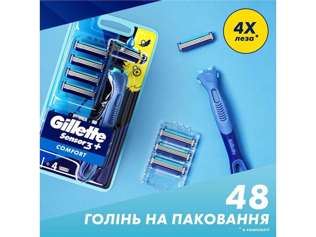 Бритва для гоління Gillette Sensor3 Plus Comfort, з 4 змінними касетами, 3 леза, сталь, колір синій