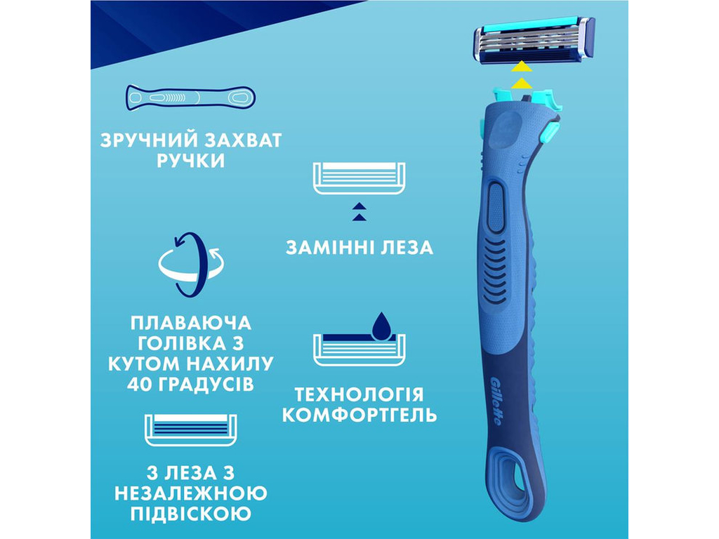 Бритва для гоління Gillette Sensor3 Plus Comfort, з 4 змінними касетами, 3 леза, сталь, колір синій