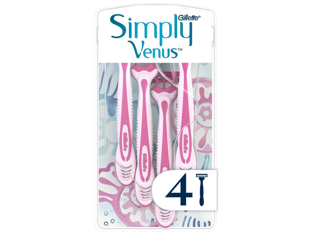 Станок для бритви Gillette Simply Venus 3, одноразовий, з алое, 3 леза, пластик, колір рожевий, 4шт