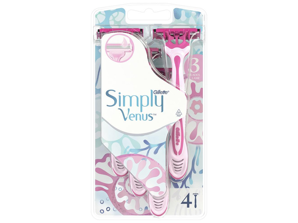 Станок для бритви Gillette Simply Venus 3, одноразовий, з алое, 3 леза, пластик, колір рожевий, 4шт