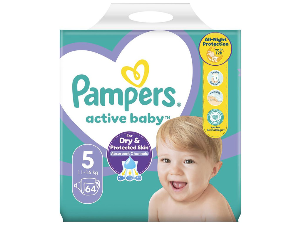Підгузки Pampers Active Baby, одноразові, шар Extra Sleep, розмір 5 (Junior), 11-16кг, 64шт/уп