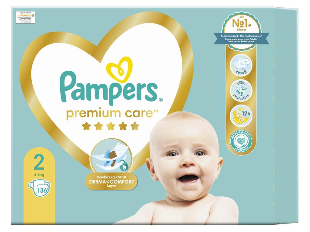 Підгузки Pampers Premium Care 2, одноразові, індикатор вологи, розмір 2, 4-8кг, 136шт/уп