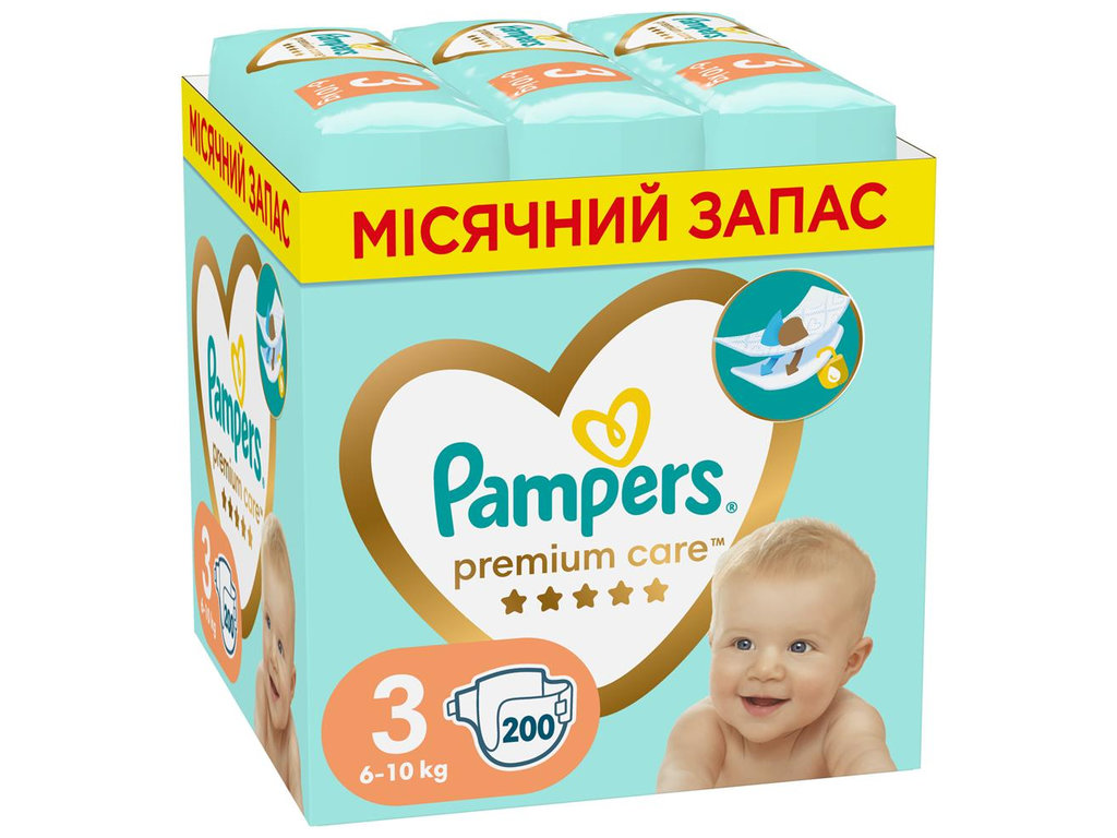 Підгузки Pampers Premium Care, одноразові, індикатор вологи, розмір 3, 6-10кг, 200шт/уп