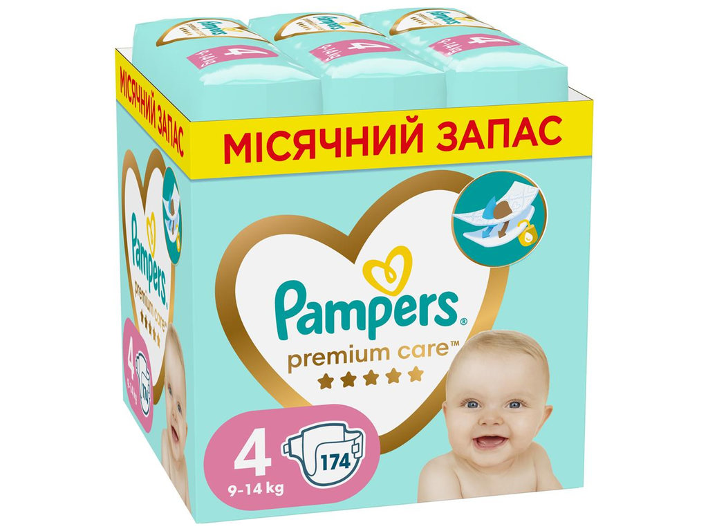 Підгузки Pampers Premium Care, одноразові, індикатор вологи, розмір 4, 9-14кг, 174шт/уп
