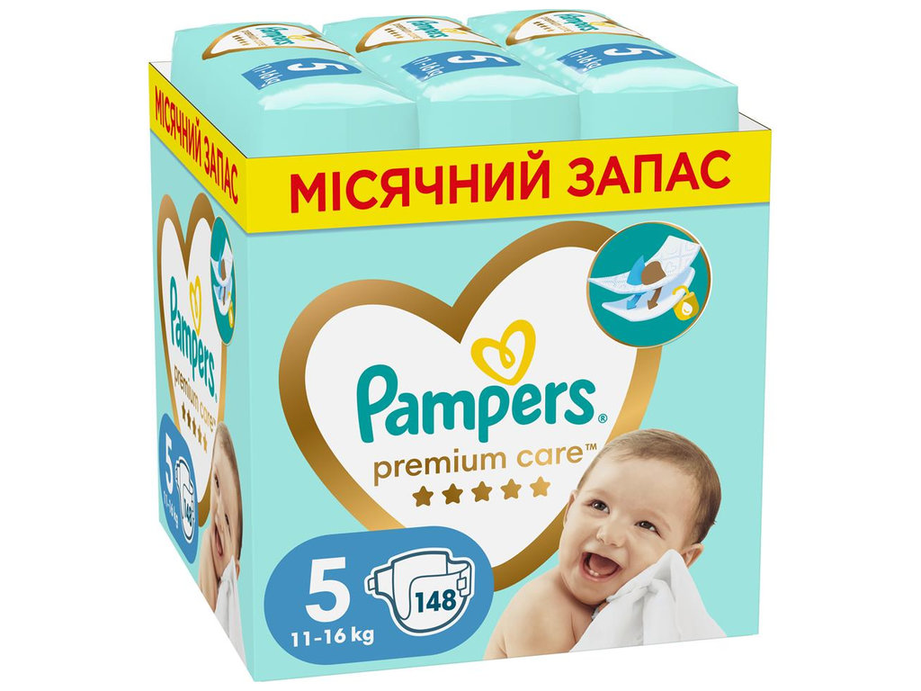 Підгузки Pampers Premium Care, одноразові, індикатор вологи, розмір 5, 11-16кг, 148шт/уп