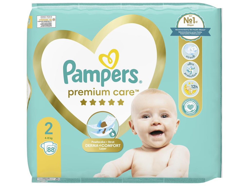 Підгузки Pampers Premium Care 2, одноразові, розмір 2, індикатор вологи, 4-8кг, 88шт/уп