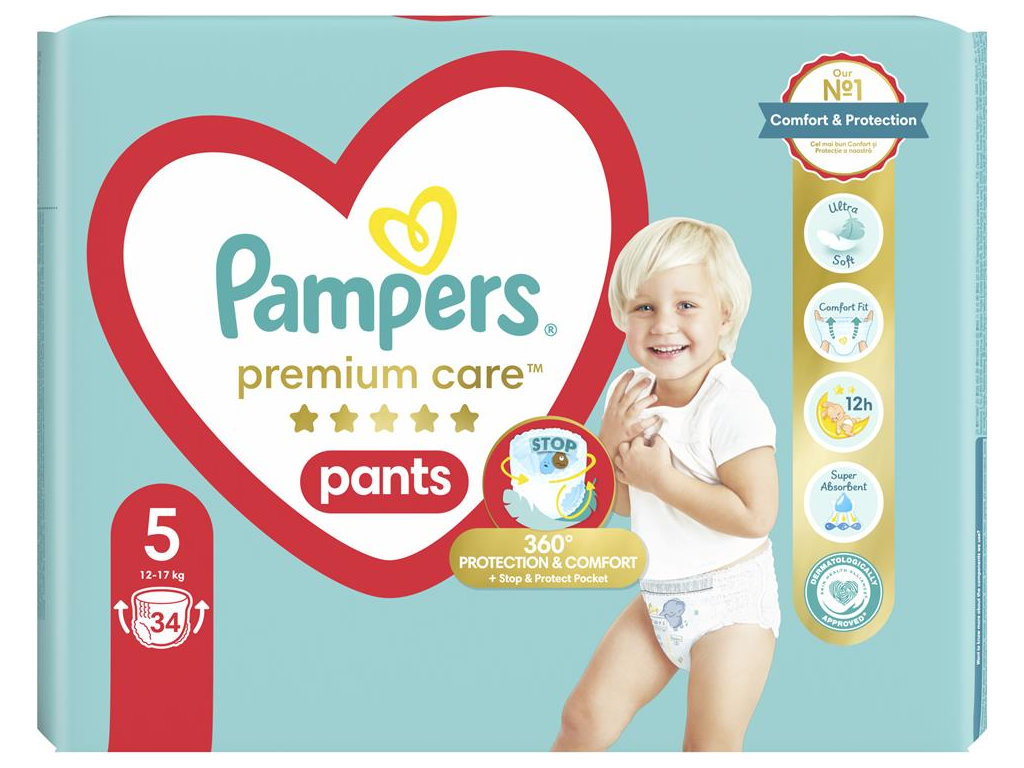 Підгузки-трусики Pampers Premium Care Pants, розмір 5 (12–17 кг), 34шт