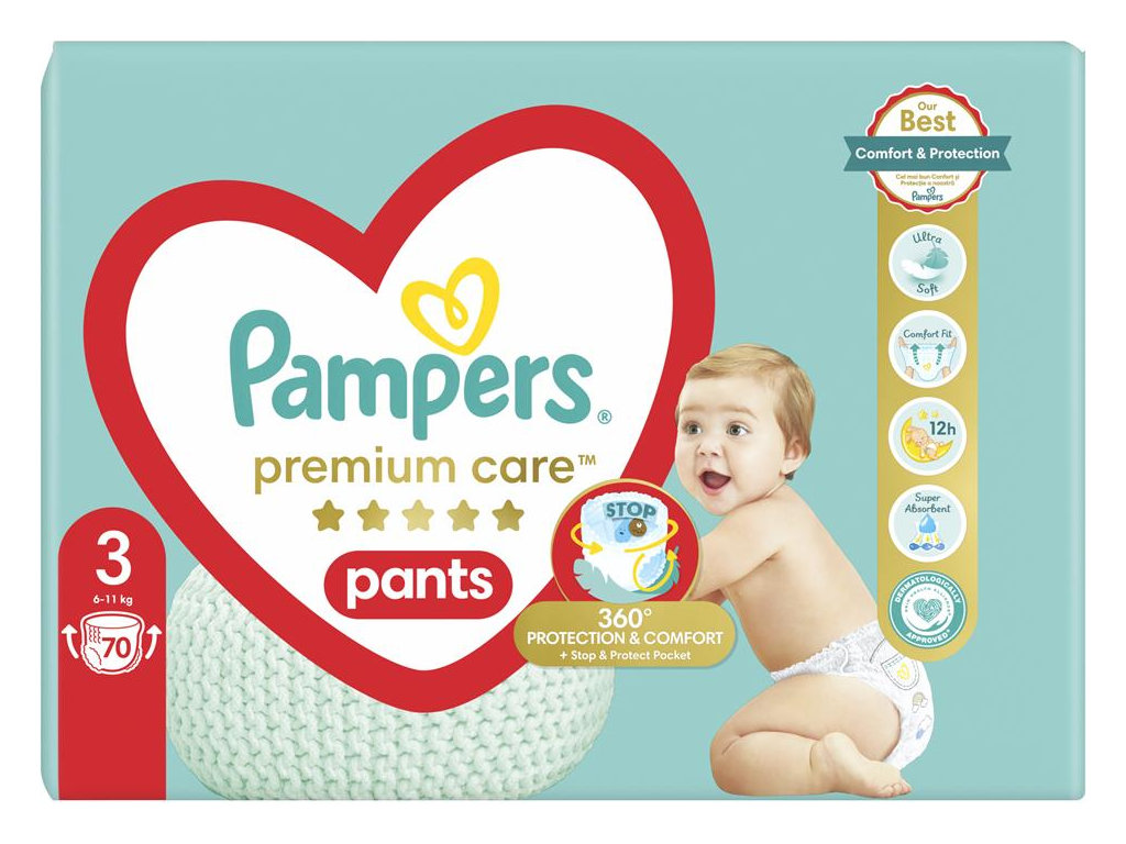 Підгузки-трусики Pampers Premium Care Pants, одноразові, розмір 3, 6-11кг, 70шт/уп