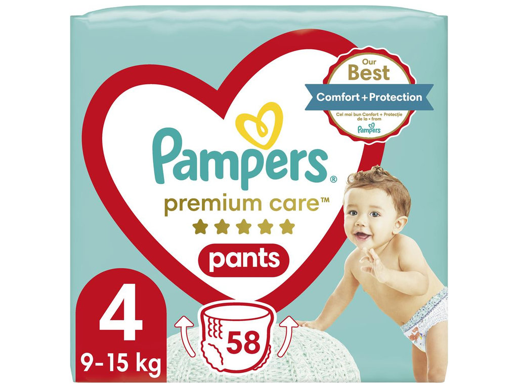 Підгузки-трусики Pampers Premium Care Pants, одноразові, суперпоглинаючі, розмір 4, 9-15кг, 58шт