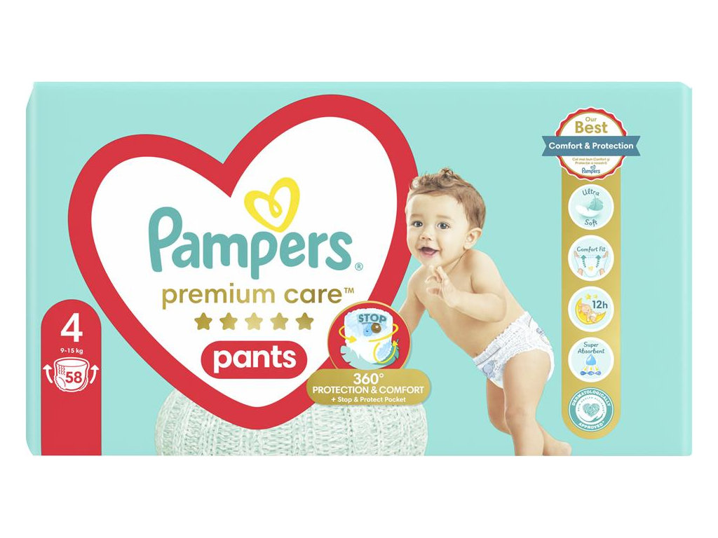 Підгузки-трусики Pampers Premium Care Pants, одноразові, суперпоглинаючі, розмір 4, 9-15кг, 58шт