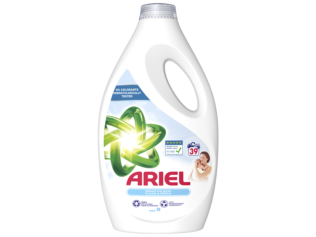 Гель для стирки Ariel Sensitive, для чувствительной кожи, гипоаллергенный, 39 циклов, 1,95л