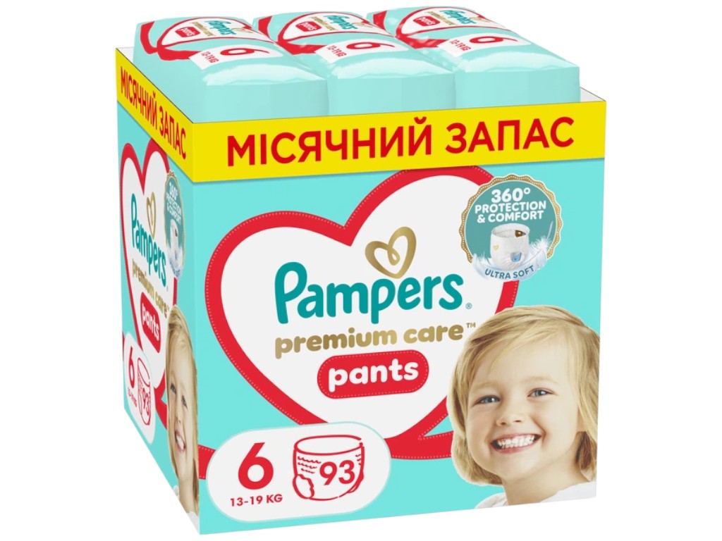 Підгузки-трусики Pampers Premium Care Pants, одноразові, розмір 6, 13-19кг, 93шт/уп