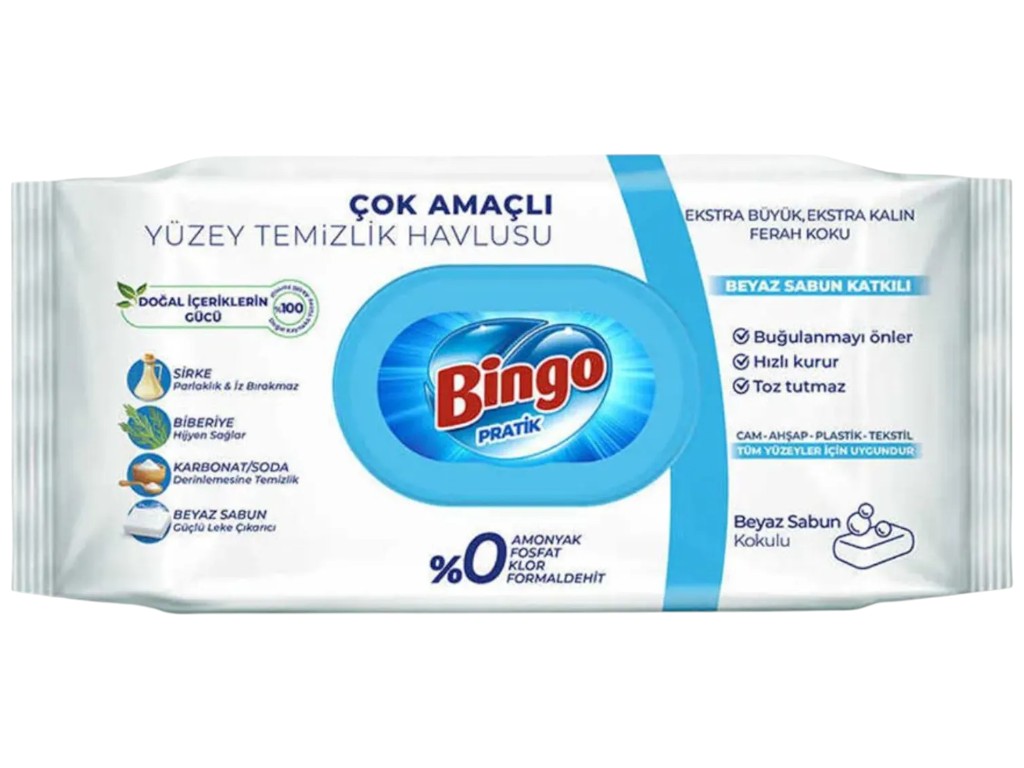 Серветки вологі Bingo Pratik, універсальні, з білим милом, оцтом, содою та розмарином, 96шт