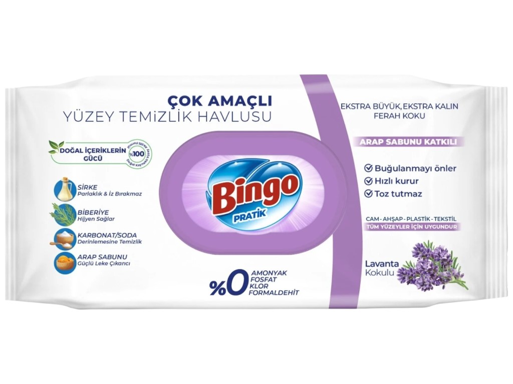 Серветки вологі Bingo Pratik, універсальні, з лавандою, оцтом, содою, розмарином, 96шт