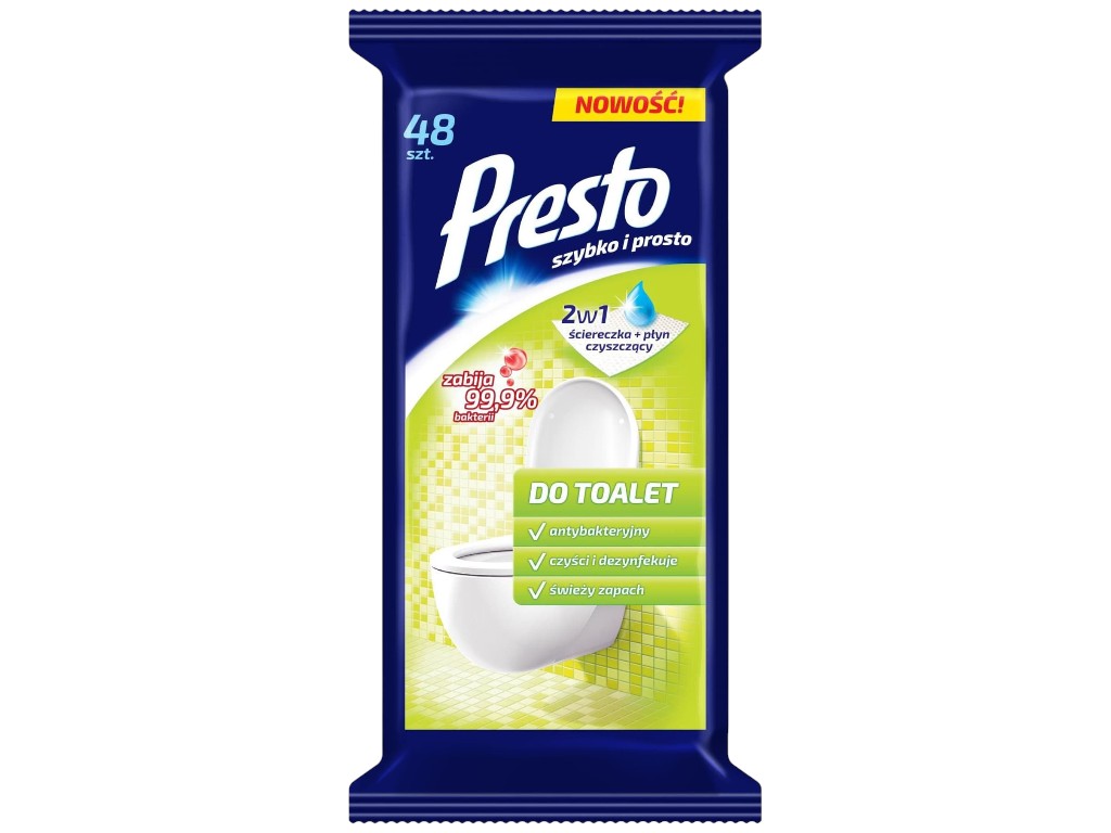 Серветки вологі Presto 2в1, для туалету, 3,3×9,5×18,2см, 48шт