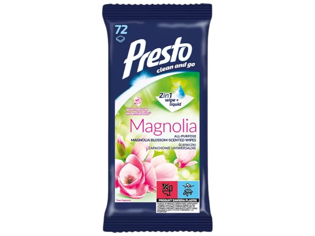 Серветки вологі для прибирання Presto Magnolia, універсальні, аромат магнолія, 72шт