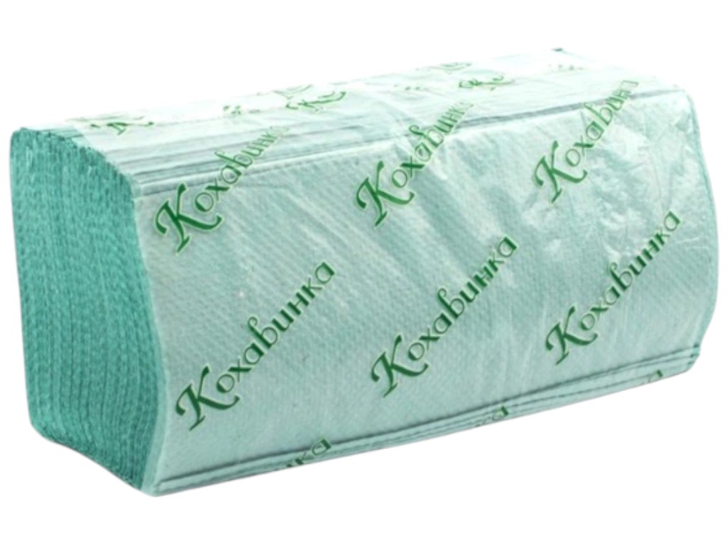 Рушники паперові Кохавинка, V-укладання, макулатурні, 23×25см, колір зелений, 170шт