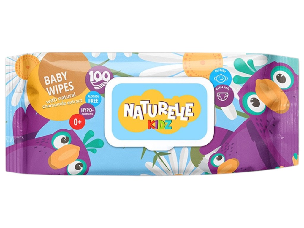 Серветки вологі дитячі Naturelle Kidz, з екстрактом ромашки, з клапаном, 100шт