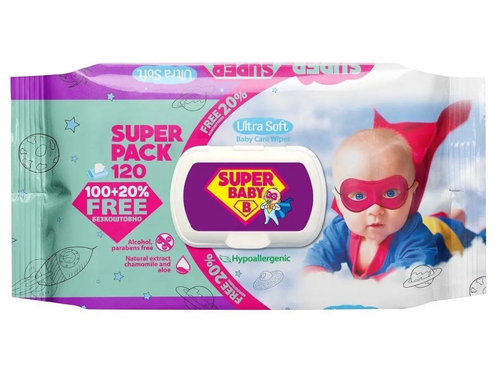 Серветки вологі дитячі Super Baby, з екстрактом алое вера та ромашки, з клапаном, 120шт