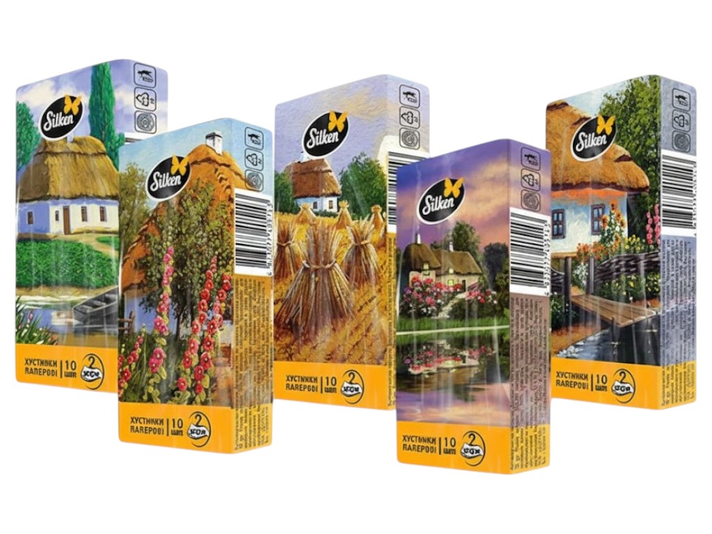Носовые платки Silken, 2 слоя, дизайн Украинская деревня, без аромата, 10шт