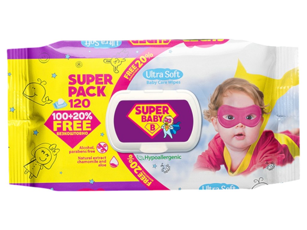Салфетки влажные детские Super Baby Sensetive, с ромашкой и алоэ, с клапаном, 120шт