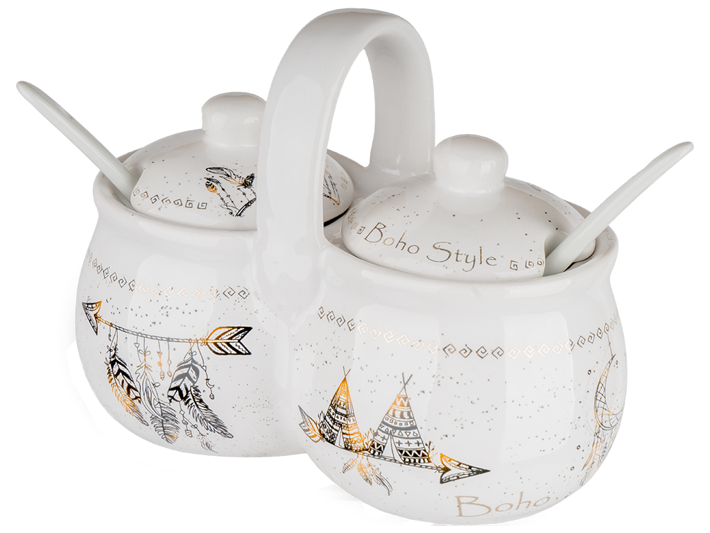 Банка для специй двойная керамическая с 2 ложками Boho style 2x200мл
