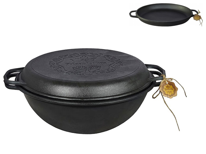 Котел узбецький WOK з кришкою-сковородою Maysternya, чавун, 8л, колір чорний