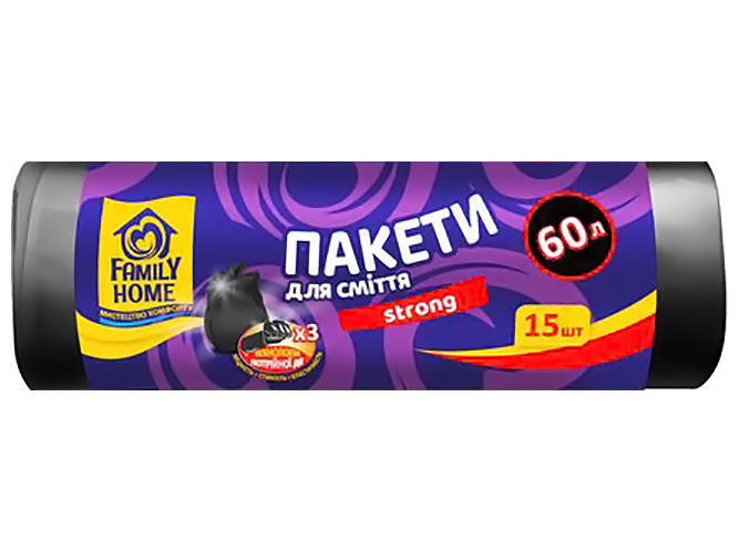 Пакеты для мусора Family Home, 60x80см, черные, 60л, 15шт