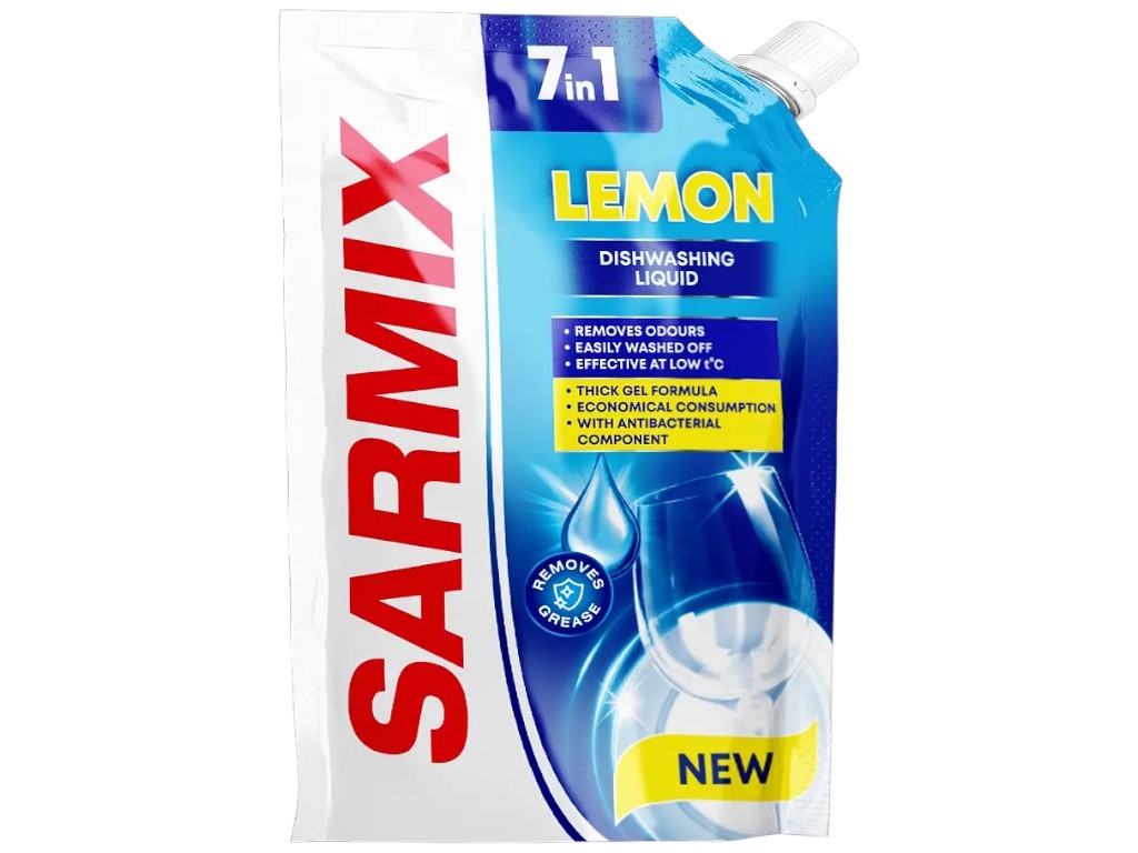 Гель для миття посуду Sarmix Лимон 7 в 1, безфосфатний, 450мл, дойпак