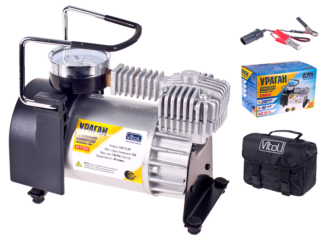 Компрессор "Ураган" КА-У12050 150psi/15Amp/40л/прикур.+переходник