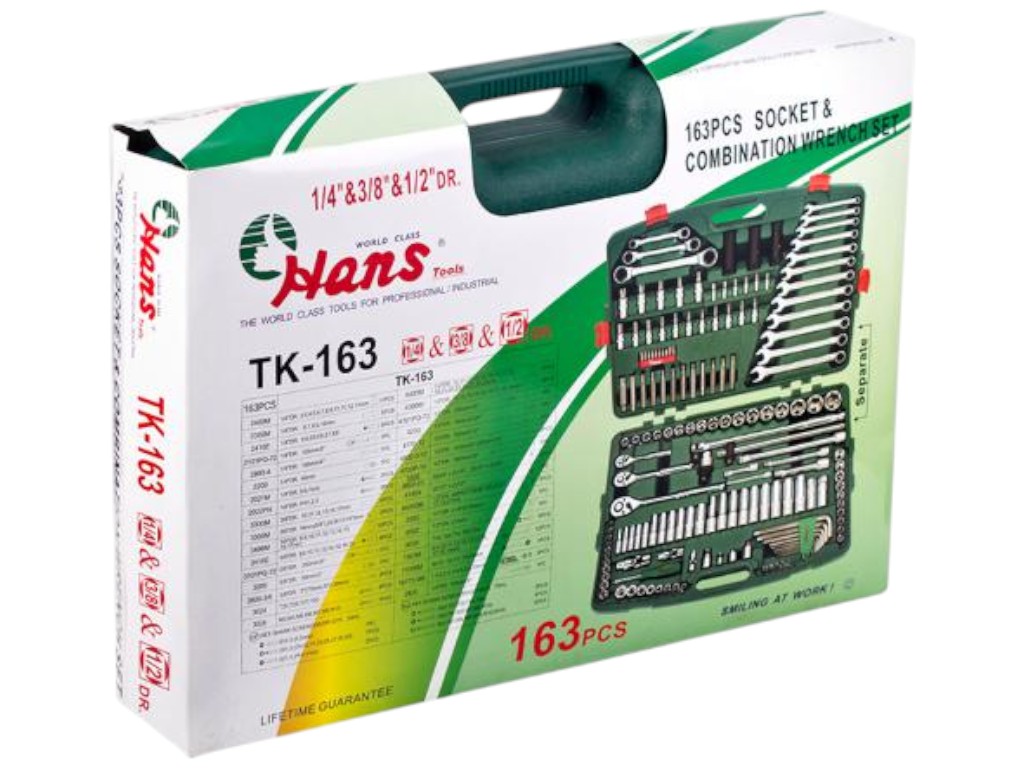 Набір інструменту Hans, 163 предмети, 1/4", 3/8", 1/2" (6 граней), пластик, метал, 560×395×95мм